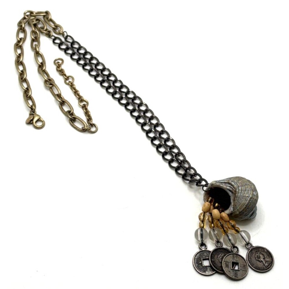 J Crew Sea Shell Coin Tassel Necklace Gold & Black Tone Chain Statement 26"-28"